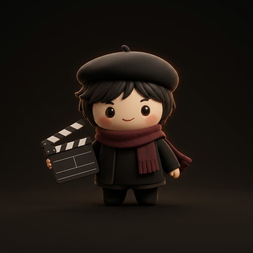 戴贝雷帽、红围巾、手持场记板的 3D 小导演吉祥物
